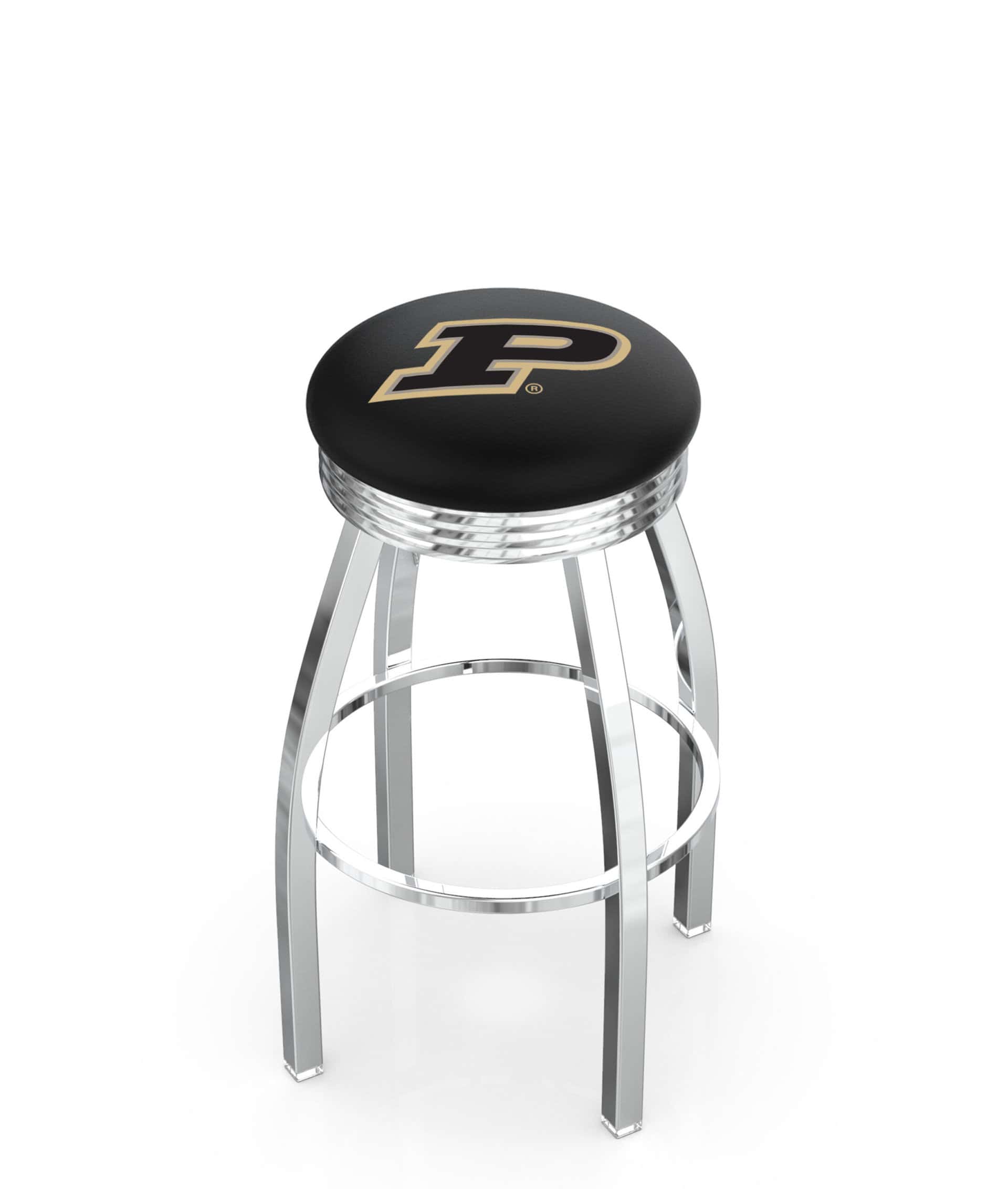 Purdue University 30-Inch Swivel Backless Bar Stool w/ Chrome Finish, Single-Ring Base, 2.75-Inch Chrome Ribbed Ring, 2.5-Inch Cushion Seat
