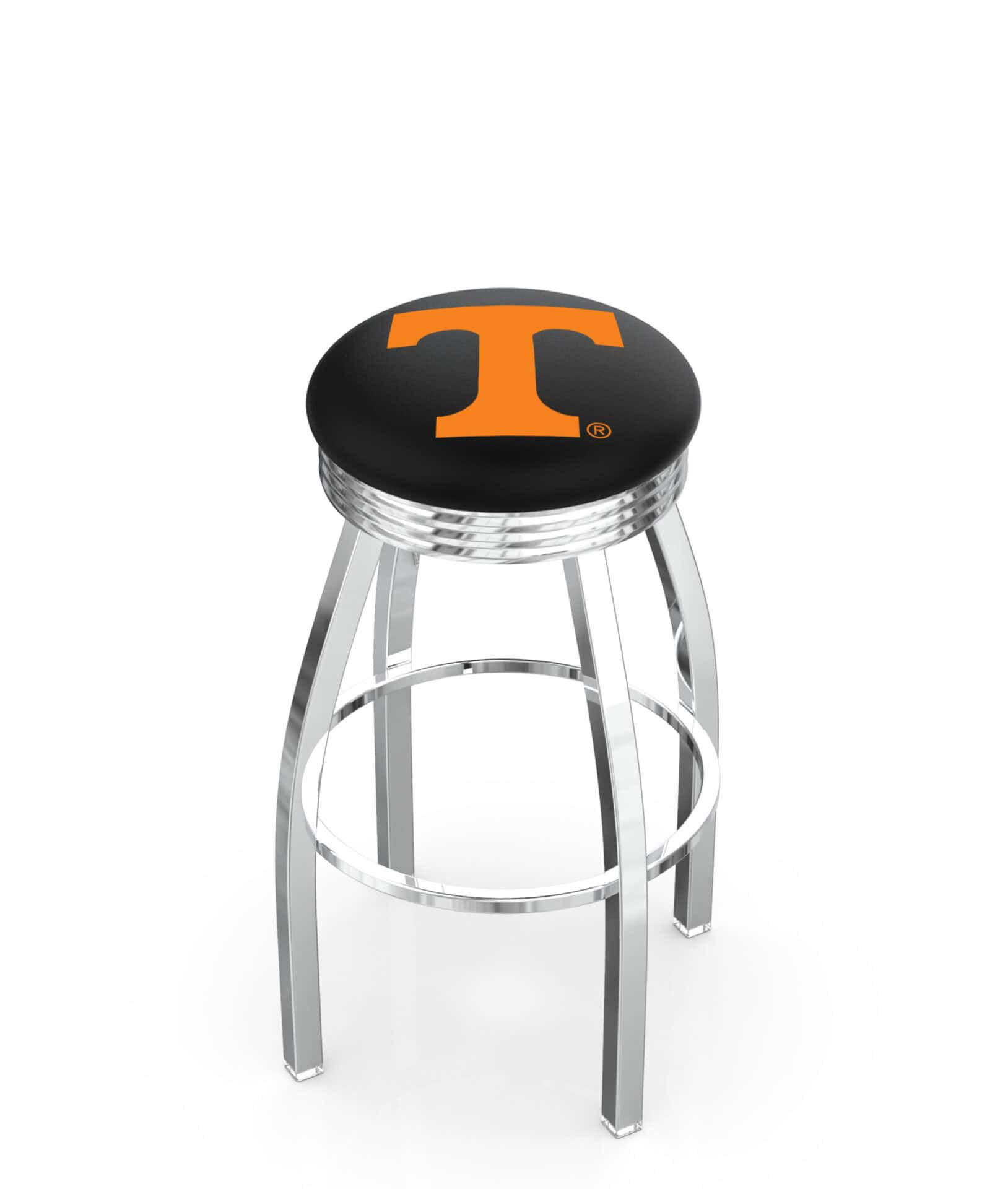 University of Tennessee 30-Inch Swivel Backless Bar Stool w/ Chrome Finish, Single-Ring Base, 2.75-Inch Chrome Ribbed Ring, 2.5-Inch Cushion Seat 1 University of Tennessee 30-Inch Swivel Backless Bar Stool w/ Chrome Finish, Single-Ring Base, 2.75-Inch Chrome Ribbed Ring, 2.5-Inch Cushion Seat