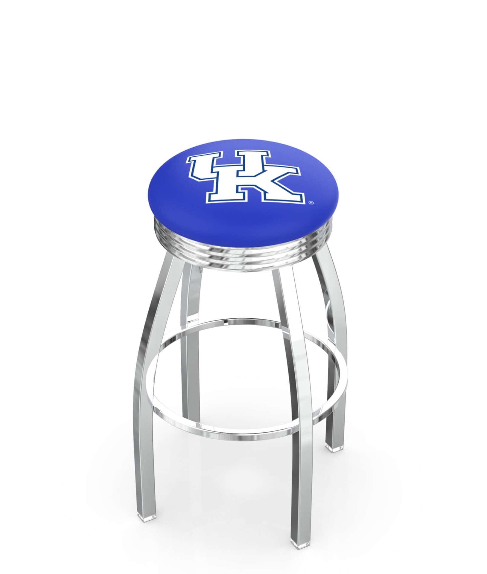 University of Kentucky 30-Inch Swivel Backless Bar Stool w/ Chrome Finish, Single-Ring Base, 2.75-Inch Chrome Ribbed Ring, 2.5-Inch Cushion Seat ("UK" Logo) 1 University of Kentucky 30-Inch Swivel Backless Bar Stool w/ Chrome Finish, Single-Ring Base, 2.75-Inch Chrome Ribbed Ring, 2.5-Inch Cushion Seat ("UK" Logo)