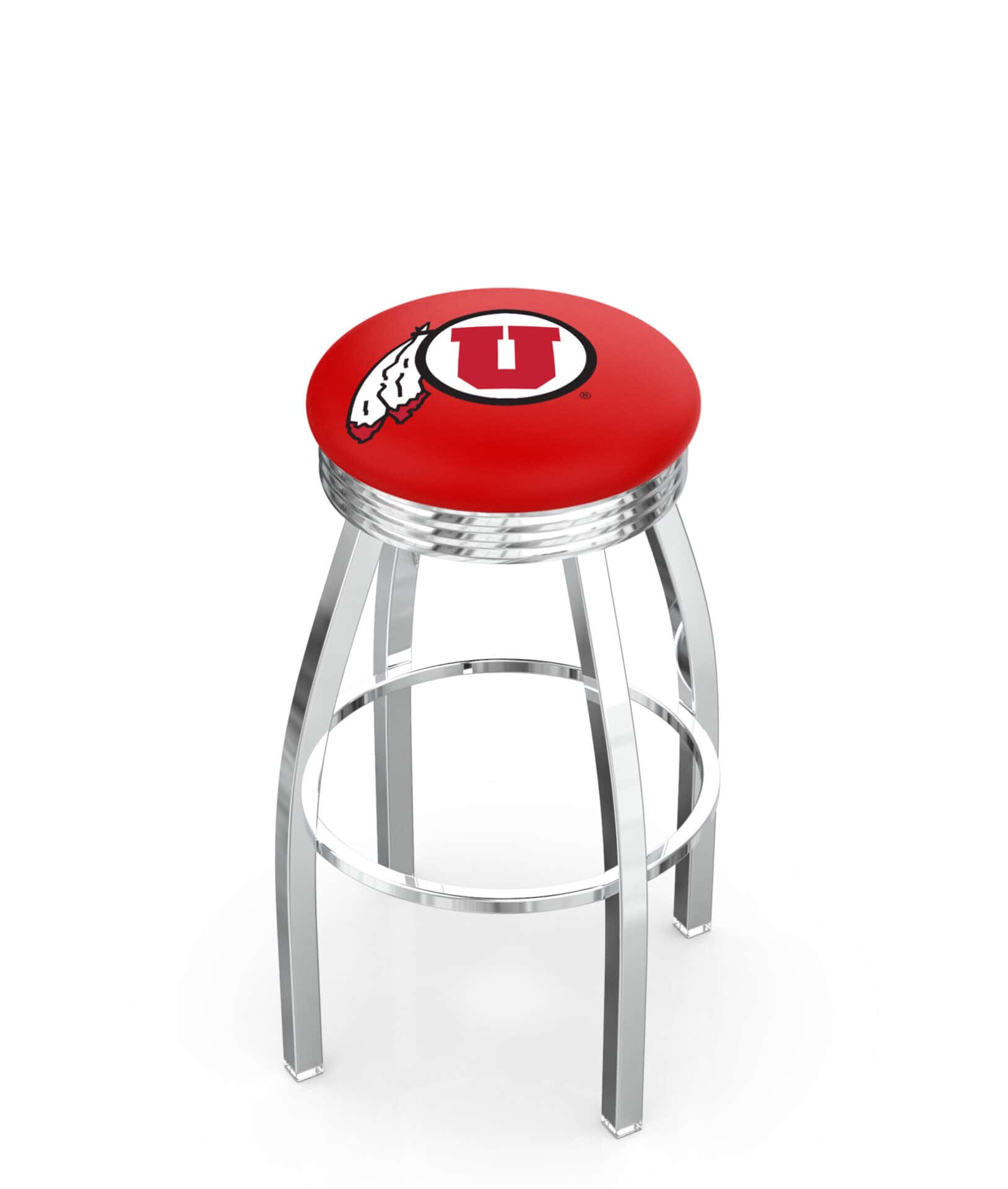University of Utah 30-Inch Swivel Backless Bar Stool w/ Chrome Finish, Single-Ring Base, 2.75-Inch Chrome Ribbed Ring, 2.5-Inch Cushion Seat 1 University of Utah 30-Inch Swivel Backless Bar Stool w/ Chrome Finish, Single-Ring Base, 2.75-Inch Chrome Ribbed Ring, 2.5-Inch Cushion Seat