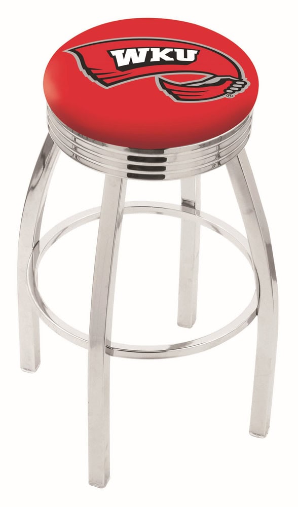 Western Kentucky University 25-Inch Swivel Backless Counter Stool w/ Chrome Finish, Single-Ring Base, 2.75-Inch Chrome Ribbed Ring, 2.5-Inch Cushion Seat 1 Western Kentucky University 25-Inch Swivel Backless Counter Stool w/ Chrome Finish, Single-Ring Base, 2.75-Inch Chrome Ribbed Ring, 2.5-Inch Cushion Seat