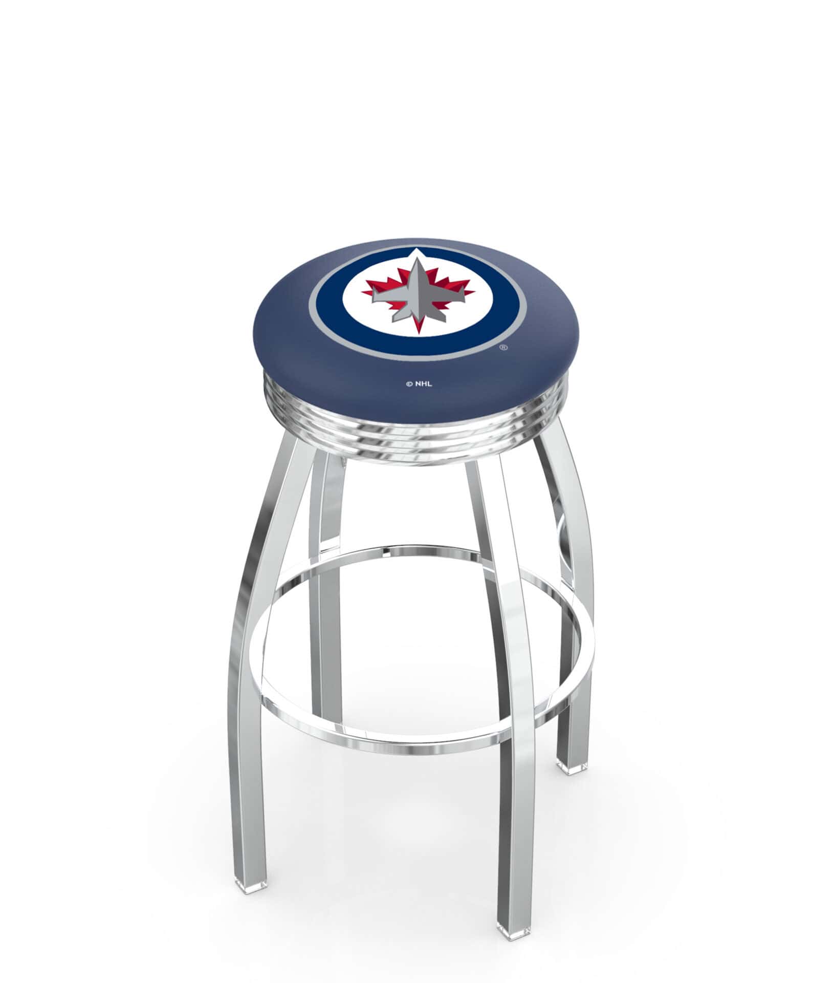 Winnipeg Jets 25-Inch Swivel Backless Counter Stool w/ Chrome Finish, Single-Ring Base, 2.75-Inch Chrome Ribbed Ring, 2.5-Inch Cushion Seat 1 Winnipeg Jets 25-Inch Swivel Backless Counter Stool w/ Chrome Finish, Single-Ring Base, 2.75-Inch Chrome Ribbed Ring, 2.5-Inch Cushion Seat