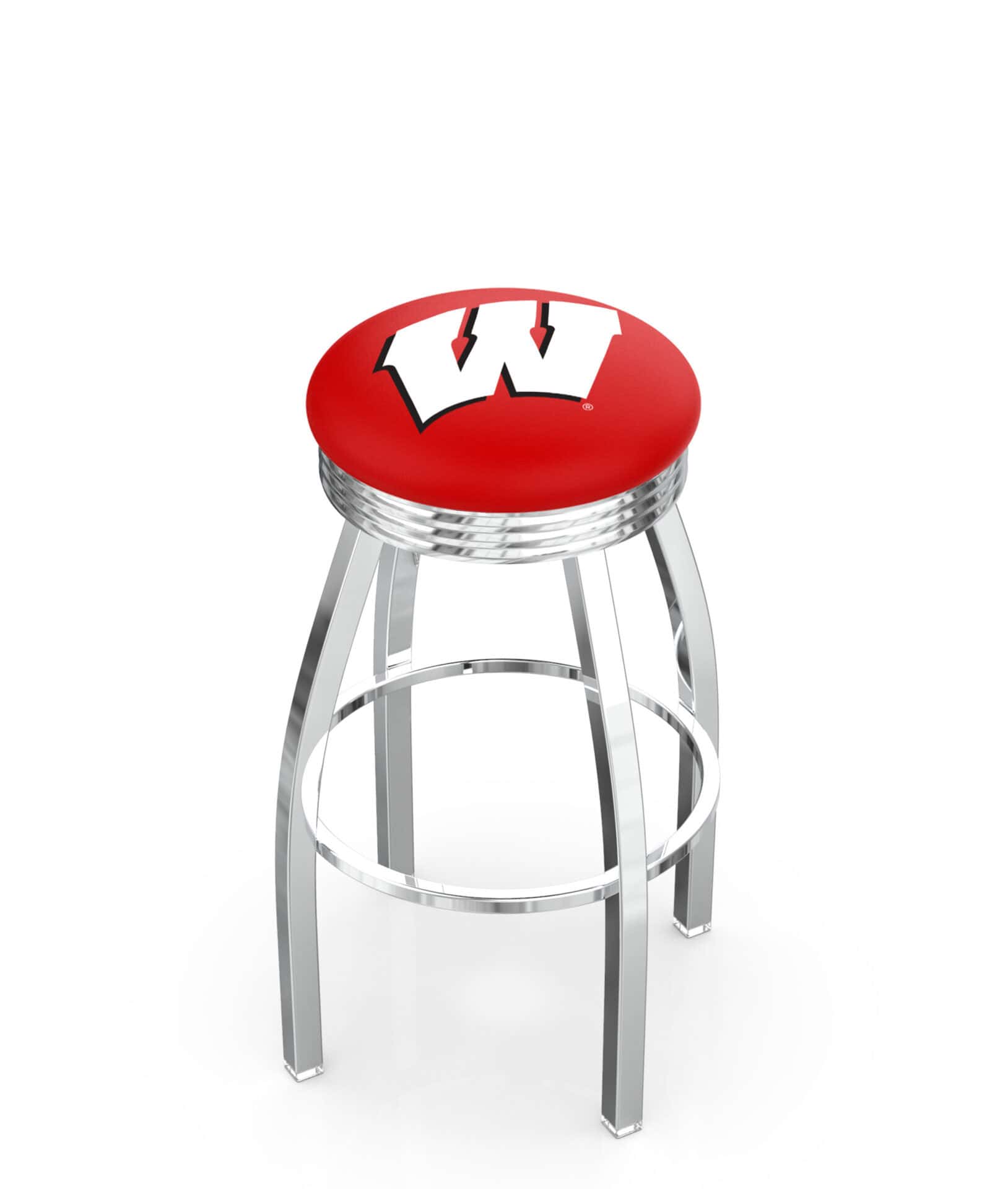 University of Wisconsin 30-Inch Swivel Backless Bar Stool w/ Chrome Finish, Single-Ring Base, 2.75-Inch Chrome Ribbed Ring, 2.5-Inch Cushion Seat ("W" Logo) 1 University of Wisconsin 30-Inch Swivel Backless Bar Stool w/ Chrome Finish, Single-Ring Base, 2.75-Inch Chrome Ribbed Ring, 2.5-Inch Cushion Seat ("W" Logo)