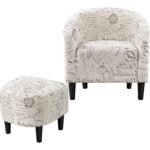 French Upholstered Barrel Chair and Ottoman with Letter Print (Set) 6 French Upholstered Barrel Chair and Ottoman with Letter Print (Set)