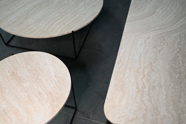 LOLA Travertino Marble Sofa Table Black Powder Coated Legs 2