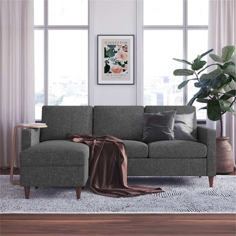 Mid-Century Modern Dark Grey Linen Sectional Sofa with Chaise 3 Mid-Century Modern Dark Grey Linen Sectional Sofa with Chaise - Image 3