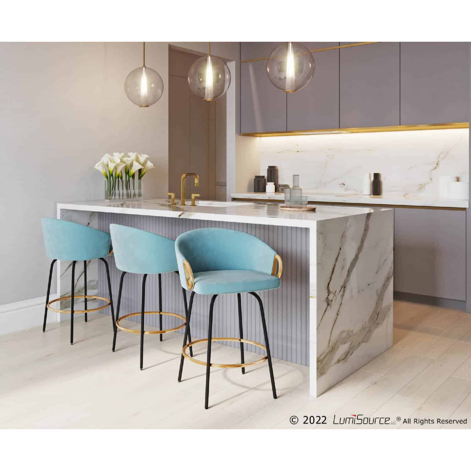 Claire Gold Accent Light Blue Velvet Counter Stool (Set of 2) 8 Claire Gold Accent Light Blue Velvet Counter Stool (Set of 2) - Image 8