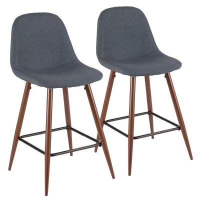 Pebble Walnut Blue Mid-Century Modern Counter Stool (Set of 2)
