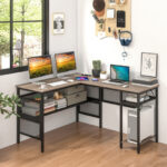 L Shaped Gray Desk with Charging Station and Adjustable Shelf 8 L Shaped Gray Desk with Charging Station and Adjustable Shelf