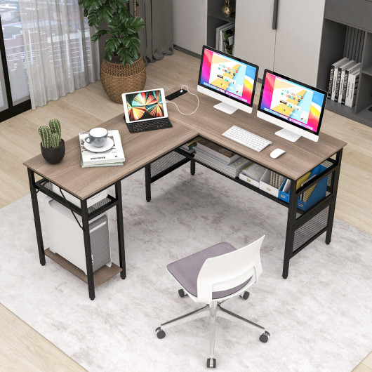 L Shaped Gray Desk with Charging Station and Adjustable Shelf 2 L Shaped Gray Desk with Charging Station and Adjustable Shelf - Image 2