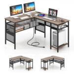 L Shaped Gray Desk with Charging Station and Adjustable Shelf 11 L Shaped Gray Desk with Charging Station and Adjustable Shelf