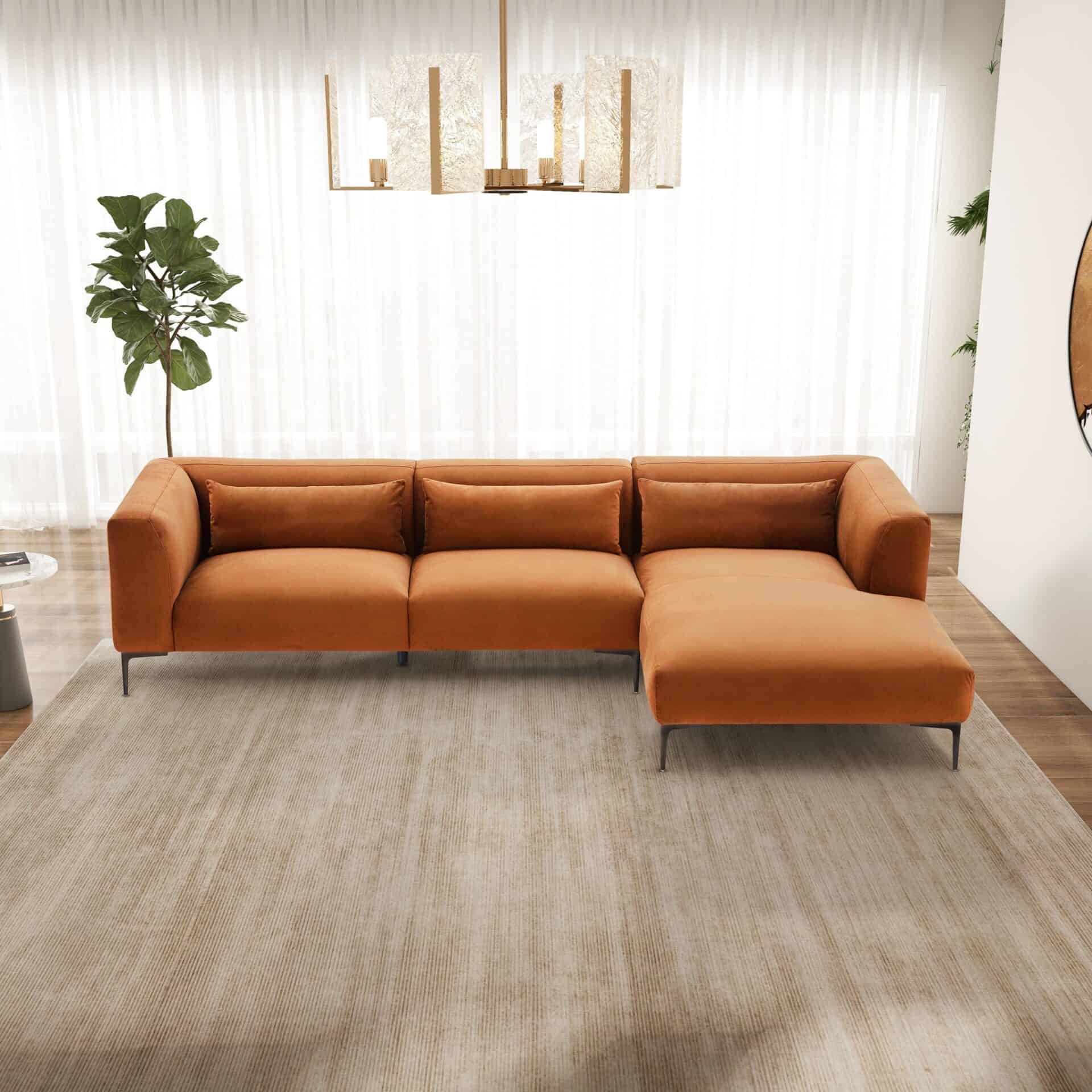 Burnt Orange Velvet L-Shaped Sectional Sofa Mid-Century Modern 2 Burnt Orange Velvet L-Shaped Sectional Sofa Mid-Century Modern - Image 2