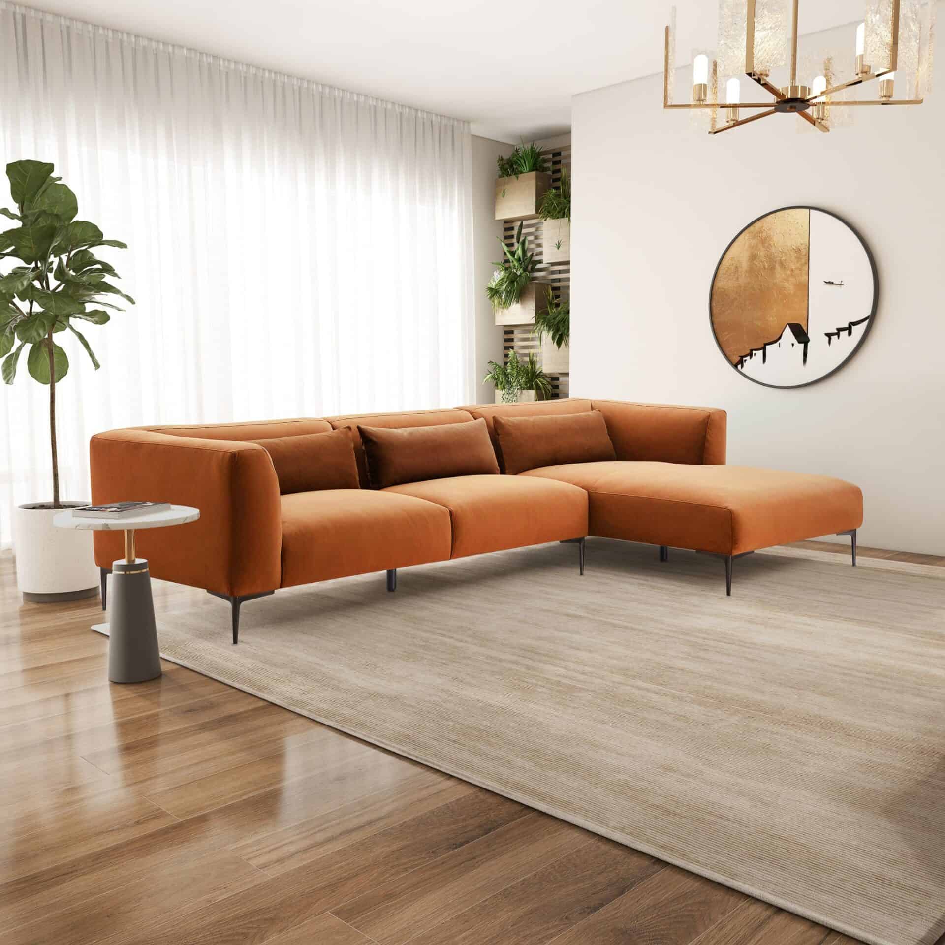 Burnt Orange Velvet L-Shaped Sectional Sofa Mid-Century Modern 5 Burnt Orange Velvet L-Shaped Sectional Sofa Mid-Century Modern - Image 5