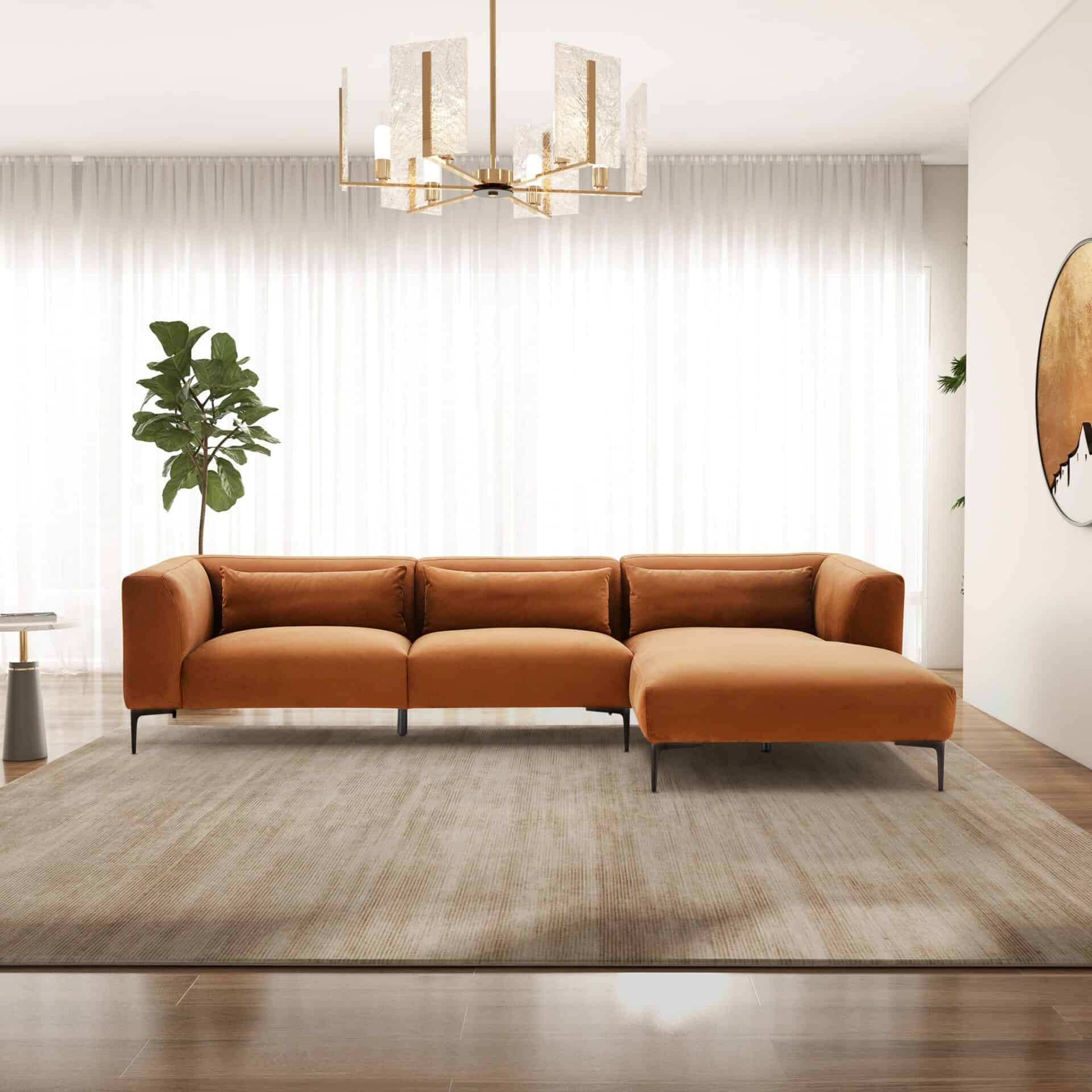 Burnt Orange Velvet L-Shaped Sectional Sofa Mid-Century Modern 3 Burnt Orange Velvet L-Shaped Sectional Sofa Mid-Century Modern - Image 3