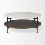 Larkin 42" Round Two-Tier White Marble Top and Solid Wood Shelf w/ Black Metal Frame Coffee Table