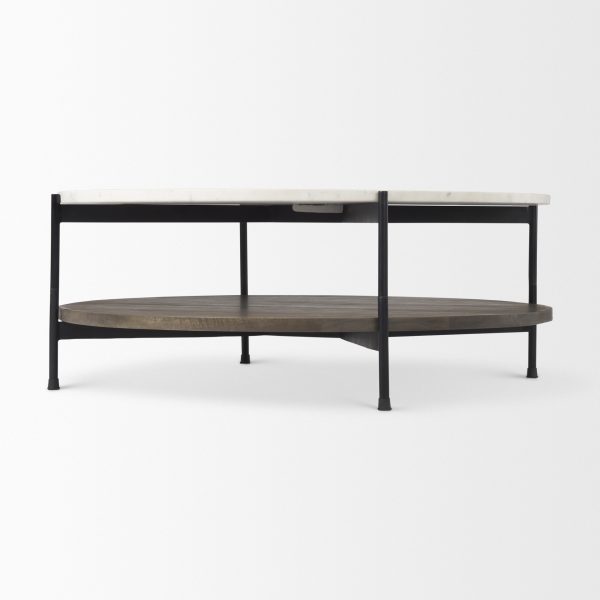 Larkin 42 Round Two Tier White Marble Top and Solid Wood Shelf w Black Metal Frame Coffee Table 2
