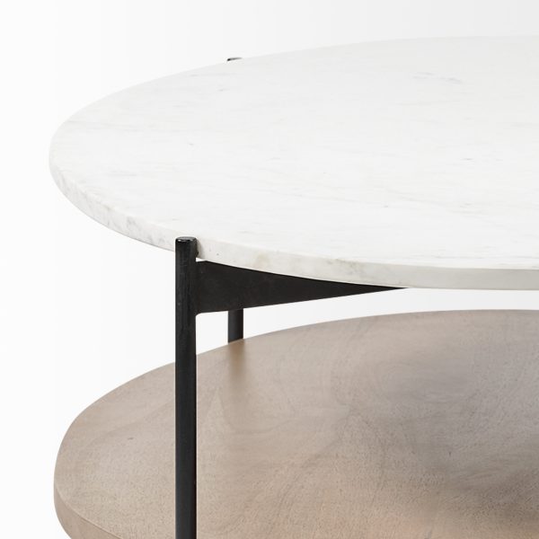 Larkin 48 Oval White Marble Top and Solid Wood Shelf w Black Metal Frame Coffee Table 10