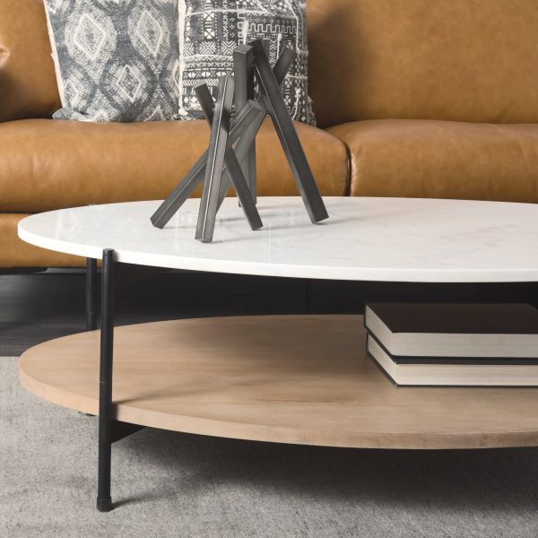 Larkin 48 Oval White Marble Top and Solid Wood Shelf w Black Metal Frame Coffee Table 3
