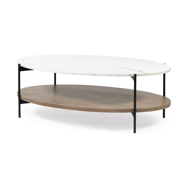 Larkin 48 Oval White Marble Top and Solid Wood Shelf w Black Metal Frame Coffee Table