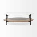 Larkin 48" Oval White Marble Top and Solid Wood Shelf w/ Black Metal Frame Coffee Table