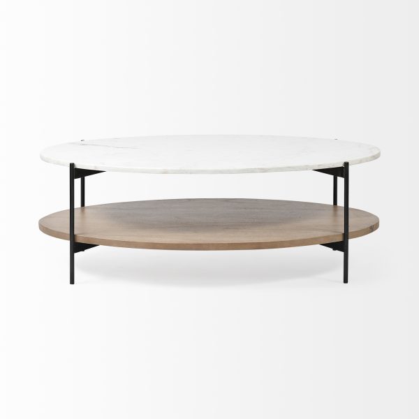 Larkin 48 Oval White Marble Top and Solid Wood Shelf w Black Metal Frame Coffee Table 7