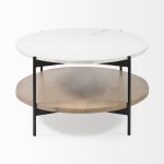 Larkin 48" Oval White Marble Top and Solid Wood Shelf w/ Black Metal Frame Coffee Table