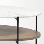 Larkin 48" Oval White Marble Top and Solid Wood Shelf w/ Black Metal Frame Coffee Table
