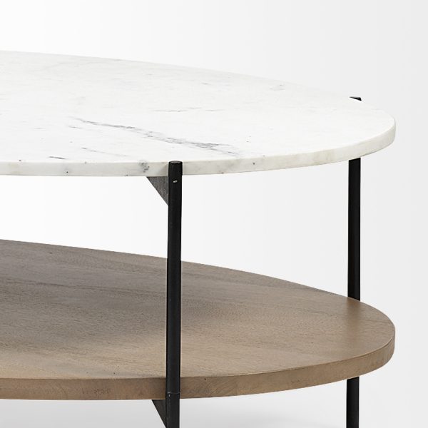 Larkin 48 Oval White Marble Top and Solid Wood Shelf w Black Metal Frame Coffee Table 9