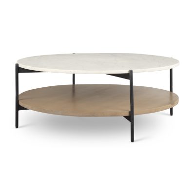 Larkin Marble Top w/ Brown Wood Shelf Round Coffee Table