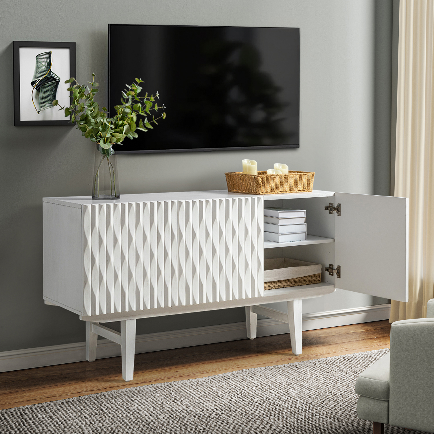 Laura White Fluted 3-Door Modern Sideboard 4 Laura White Fluted 3-Door Modern Sideboard - Image 4