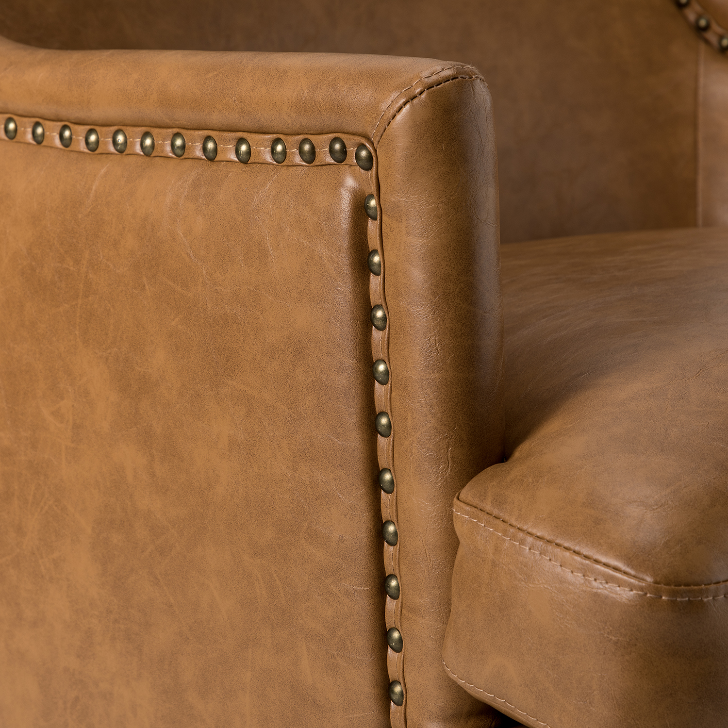Laurenz Camel Vegan Leather Nailhead Wingback Armchair 5 Laurenz Camel Vegan Leather Nailhead Wingback Armchair - Image 5