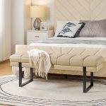 Laurg Beige Vegan Leather Channel Tufted Mid-Century Modern Bench 6 Laurg Beige Vegan Leather Channel Tufted Mid-Century Modern Bench