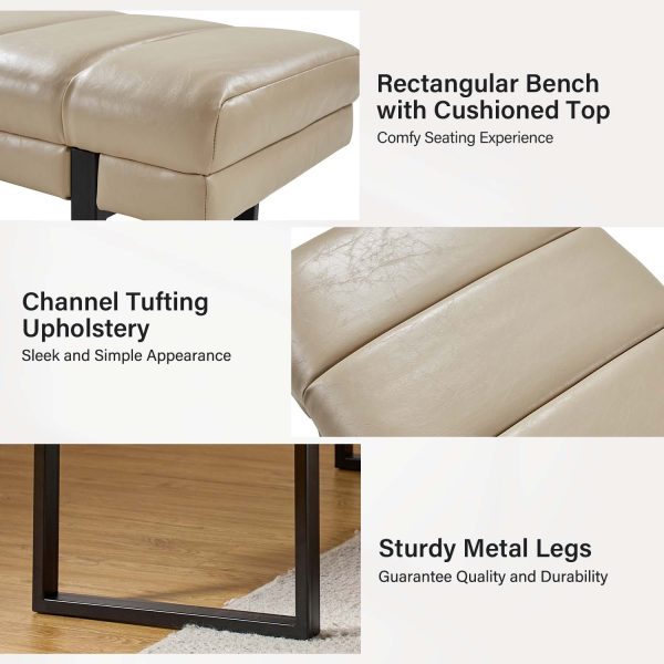 Laurg Beige Vegan Leather Channel Tufted Mid Century Modern Bench 3