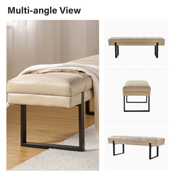 Laurg Beige Vegan Leather Channel Tufted Mid Century Modern Bench 4
