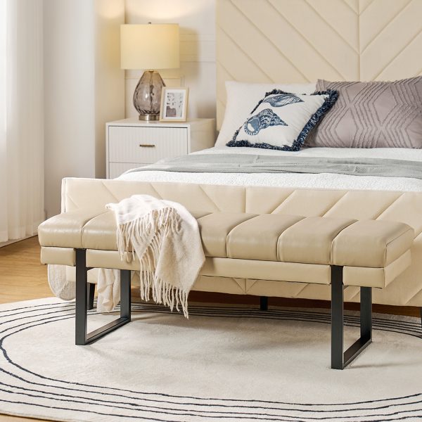 Laurg Beige Vegan Leather Channel Tufted Mid Century Modern Bench