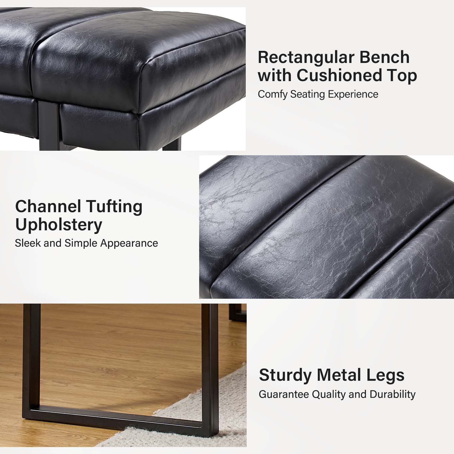 Laurg Black Vegan Leather Channel Tufted Mid-Century Modern Bench 4 Laurg Black Vegan Leather Channel Tufted Mid-Century Modern Bench - Image 4