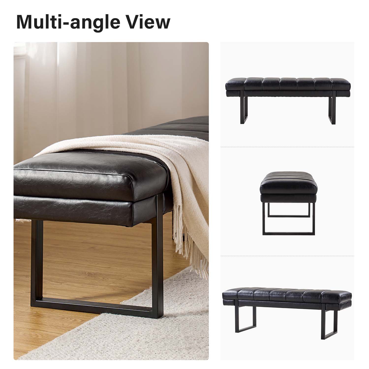 Laurg Black Vegan Leather Channel Tufted Mid-Century Modern Bench 5 Laurg Black Vegan Leather Channel Tufted Mid-Century Modern Bench - Image 5
