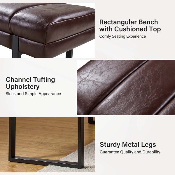 Laurg Brown Vegan Leather Channel Tufted Mid Century Modern Bench 3