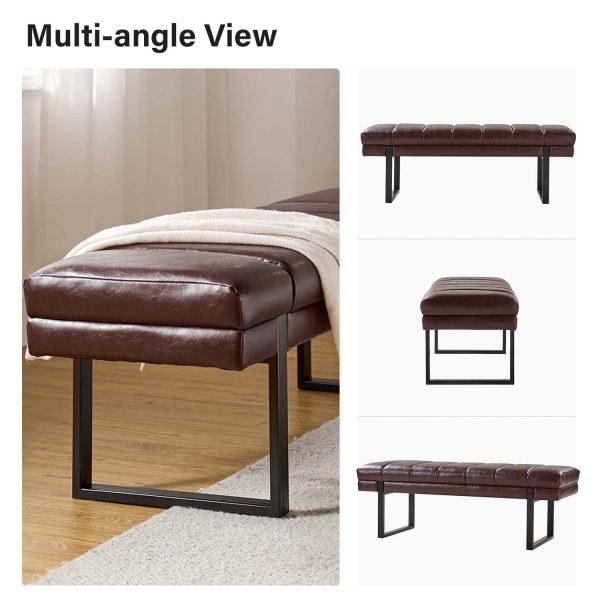 Laurg Brown Vegan Leather Channel Tufted Mid Century Modern Bench 4