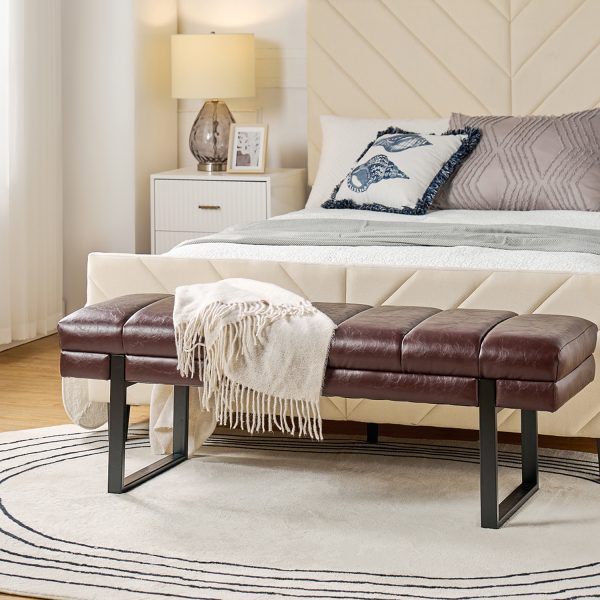 Laurg Brown Vegan Leather Channel Tufted Mid Century Modern Bench