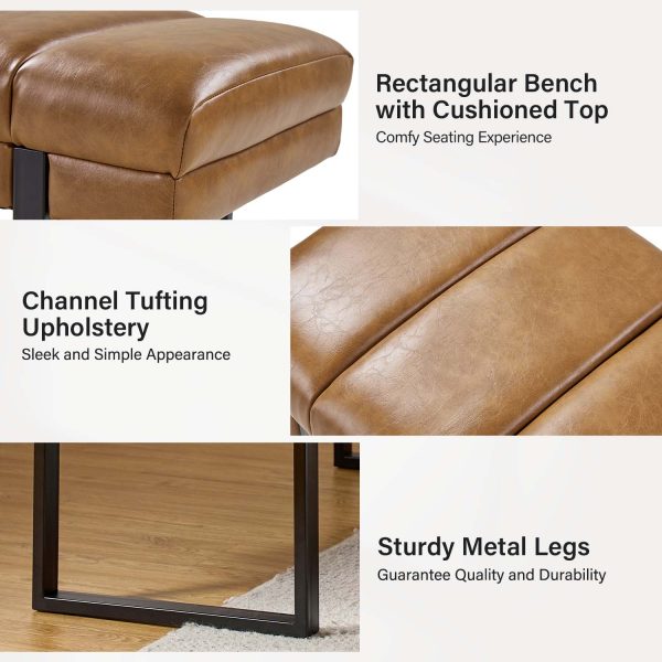 Laurg Camel Vegan Leather Channel Tufted Mid Century Modern Bench 3