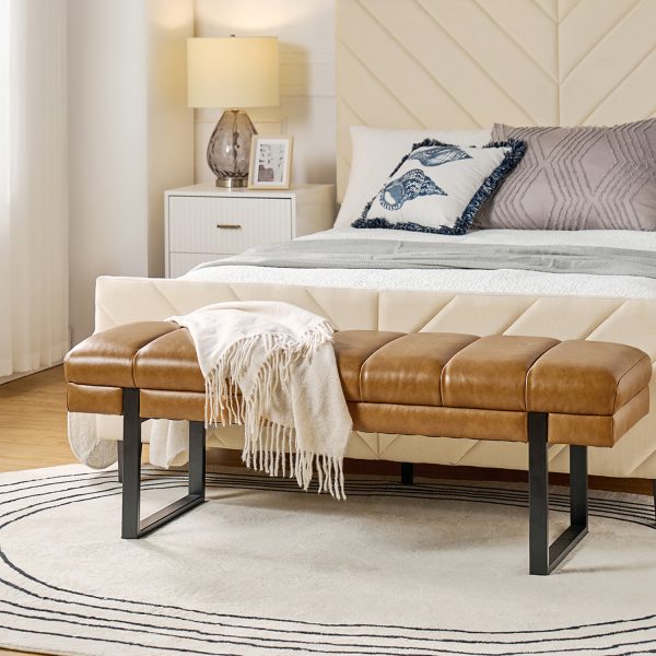 Laurg Camel Vegan Leather Channel Tufted Mid Century Modern Bench