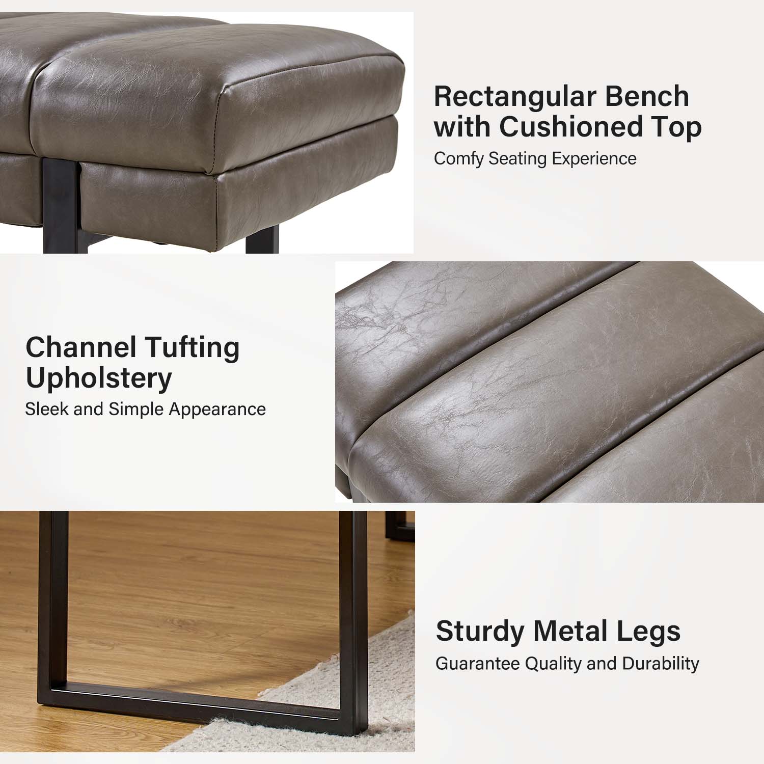 Laurg Grey Vegan Leather Channel Tufted Mid-Century Modern Bench 4 Laurg Grey Vegan Leather Channel Tufted Mid-Century Modern Bench - Image 4