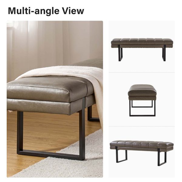 Laurg Grey Vegan Leather Channel Tufted Mid Century Modern Bench 4