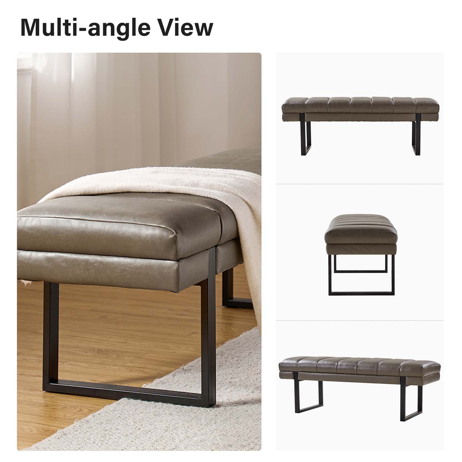 Laurg Grey Vegan Leather Channel Tufted Mid-Century Modern Bench 5 Laurg Grey Vegan Leather Channel Tufted Mid-Century Modern Bench - Image 5