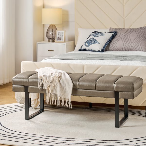 Laurg Grey Vegan Leather Channel Tufted Mid Century Modern Bench