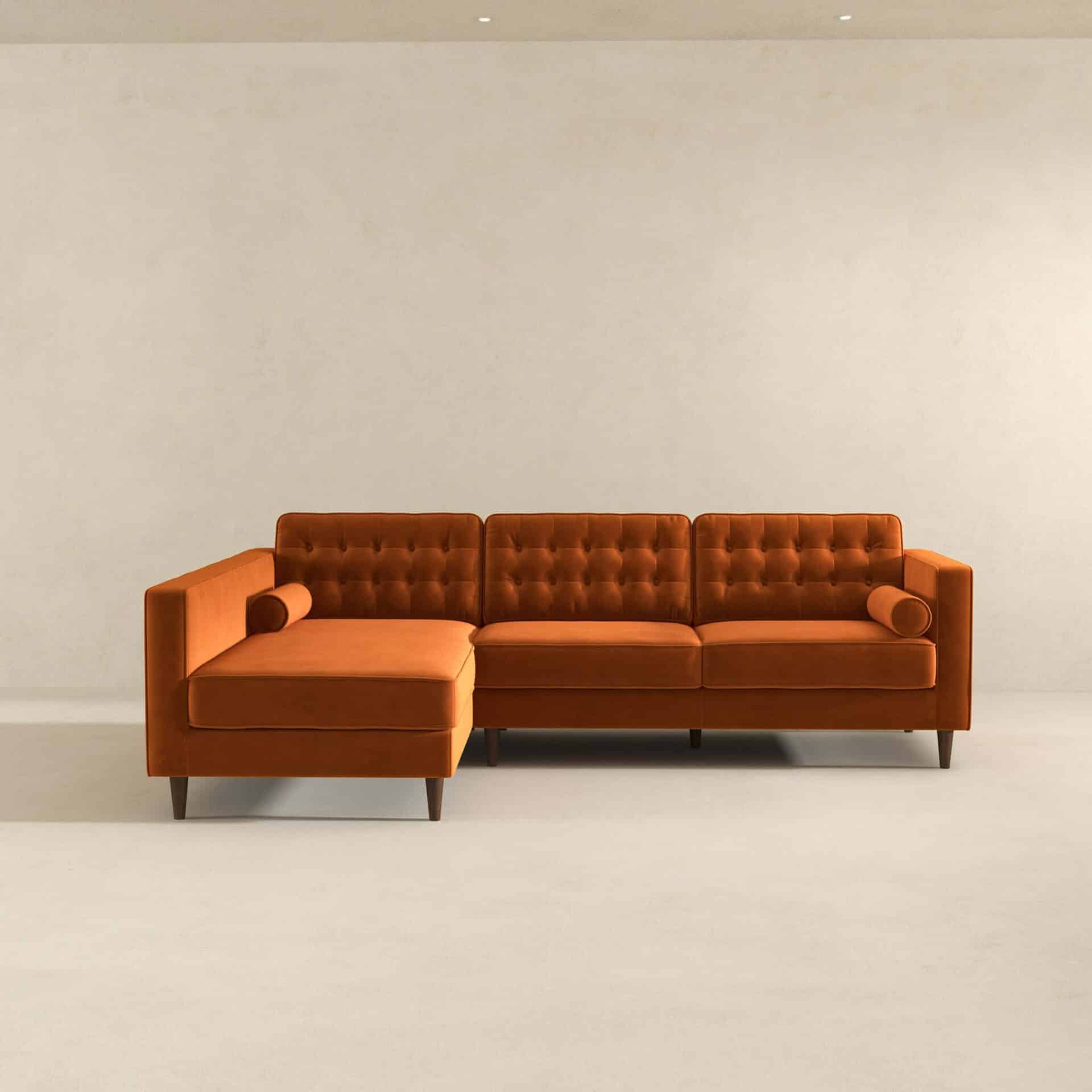 Orange Velvet Sectional Sofa Left Facing for Small Spaces 2 Orange Velvet Sectional Sofa Left Facing for Small Spaces - Image 2