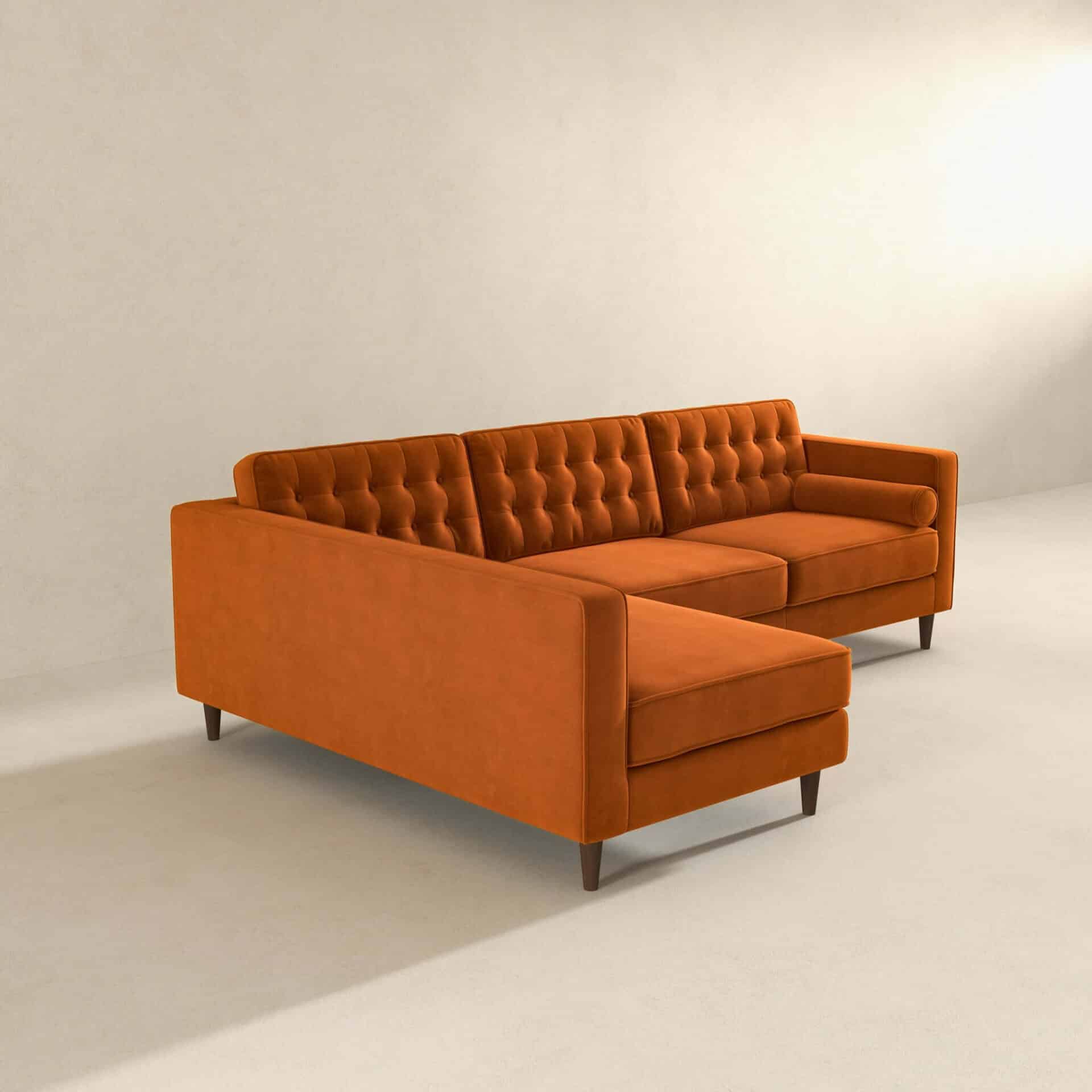 Orange Velvet Sectional Sofa Left Facing for Small Spaces 3 Orange Velvet Sectional Sofa Left Facing for Small Spaces - Image 3