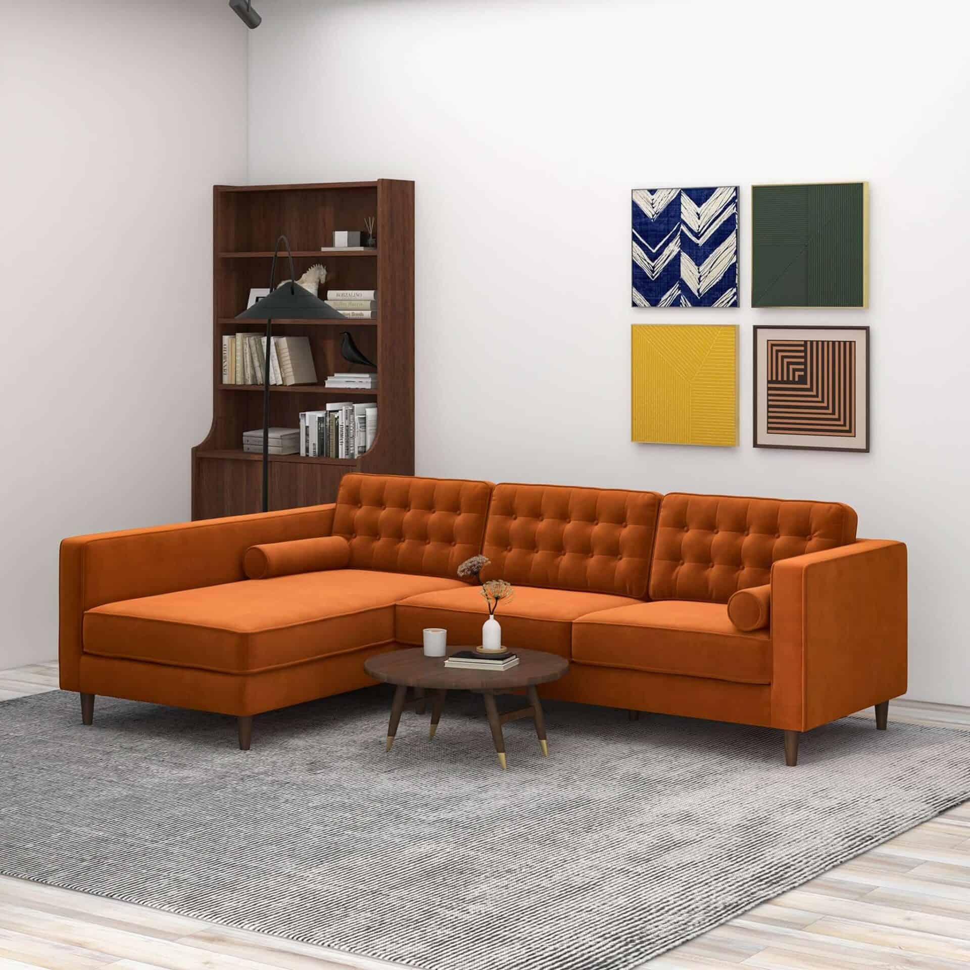 Orange Velvet Sectional Sofa Left Facing for Small Spaces 1 Orange Velvet Sectional Sofa Left Facing for Small Spaces