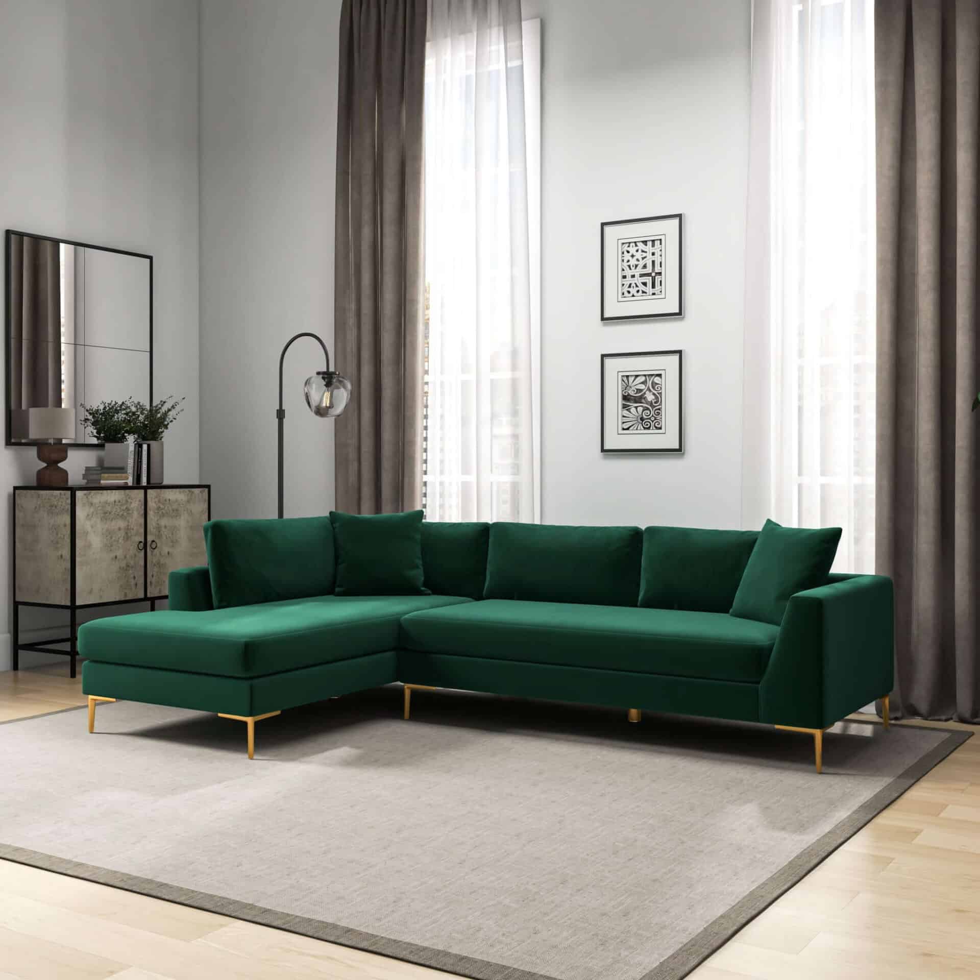 Green Velvet L-Shaped Sectional Sofa for Mid-Century Spaces 1 Green Velvet L-Shaped Sectional Sofa for Mid-Century Spaces